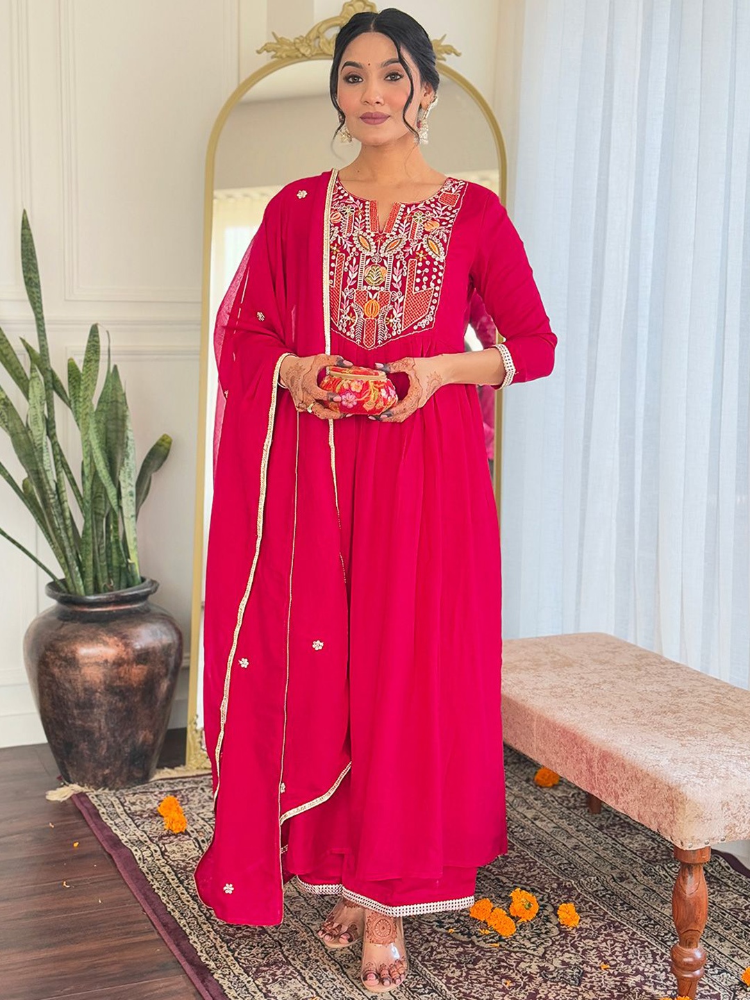 KALINI Ethnic Motifs Embroidered Notch Neck A-Line Kurta With Trousers And Dupatta, Pink
KALINI Ethnic Motifs Embroidered Notch Neck A-Line Kurta With Trousers And Dupatta, Pink