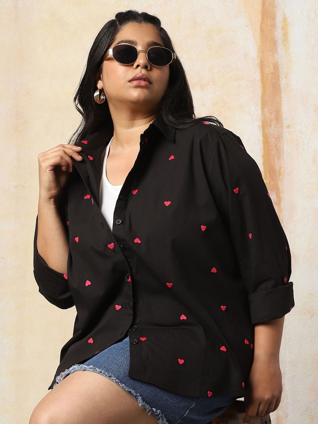 Freeform by High Star Women Plus Size Oversized Fit Heart Embroidered Cotton Casual Shirt, Black
Freeform by High Star Women Plus Size Oversized Fit Heart Embroidered Cotton Casual Shirt, Black
