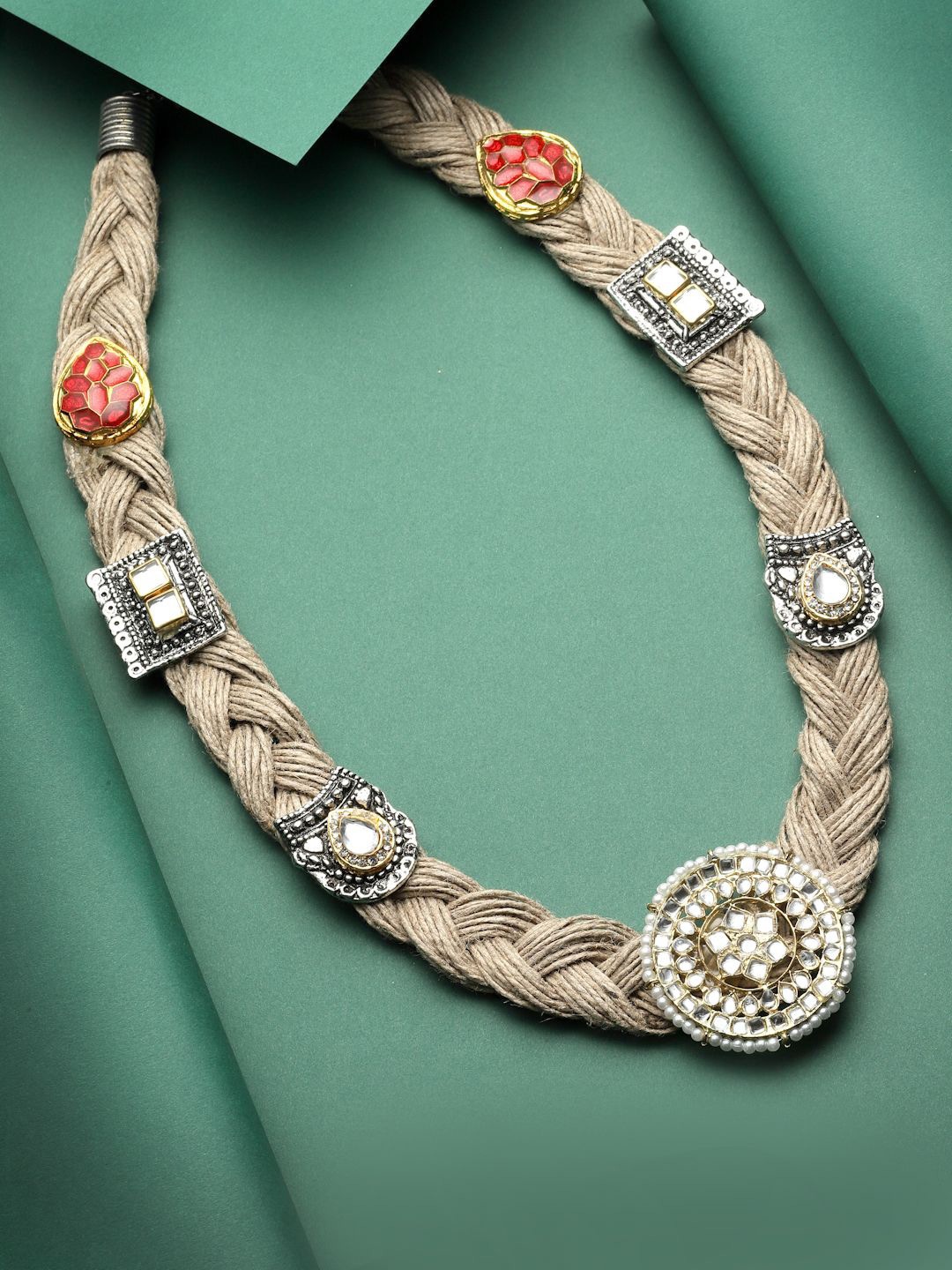 Moedbuille Silver-Plated Meenakari Work Antique Design Oxidised Bohemian Jute Necklace
Moedbuille Silver-Plated Meenakari Work Antique Design Oxidised Bohemian Jute Necklace