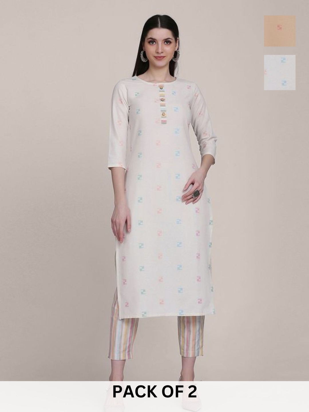 KALINI Selection Of 2 Geometric Printed Round Neck Straight Kurtas With Trousers, White
KALINI Selection Of 2 Geometric Printed Round Neck Straight Kurtas With Trousers, White