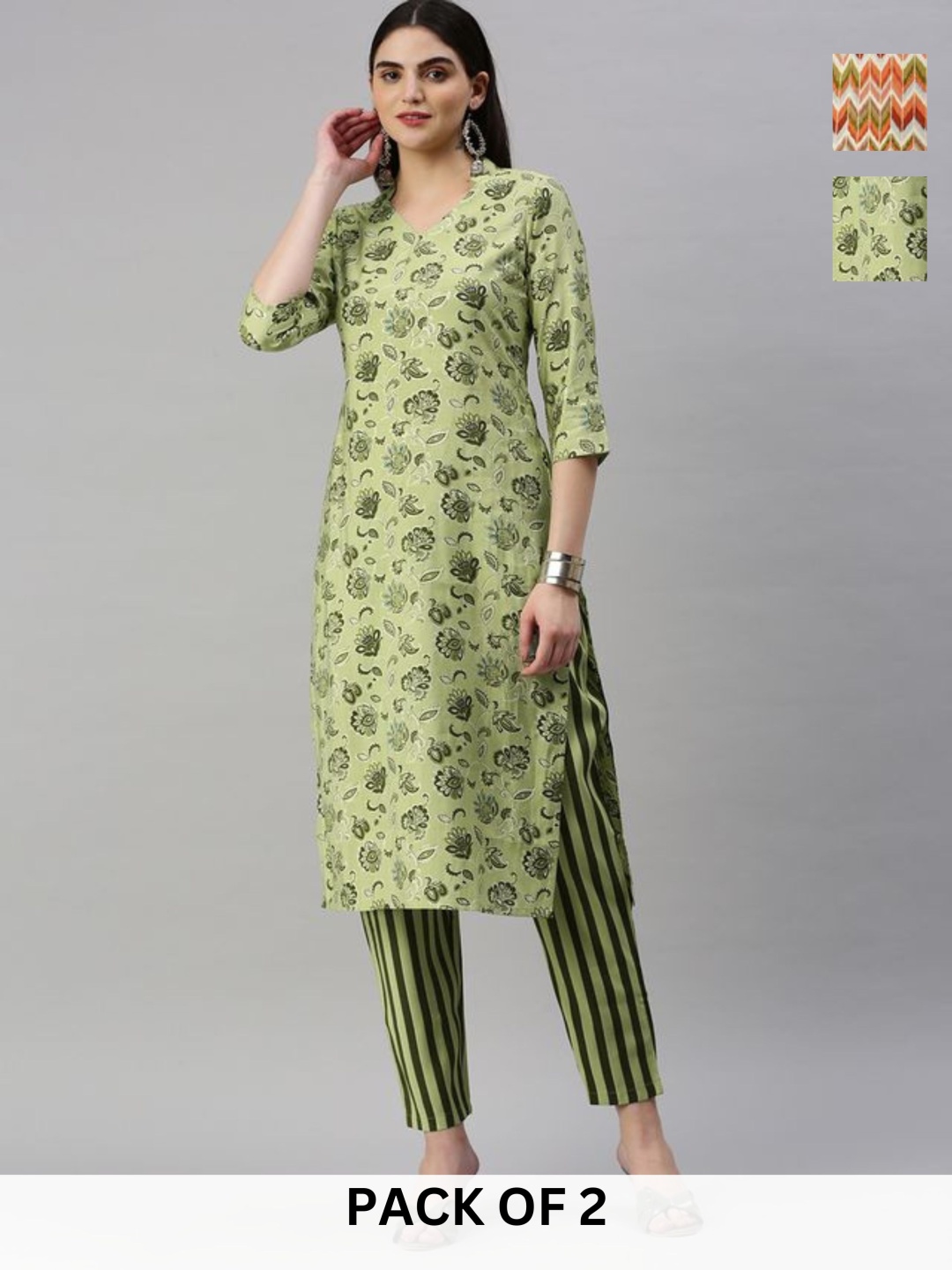 KALINI Selection Of 2 Floral Printed Mandarin Collar Straight Kurta With Trouser, Green
KALINI Selection Of 2 Floral Printed Mandarin Collar Straight Kurta With Trouser, Green