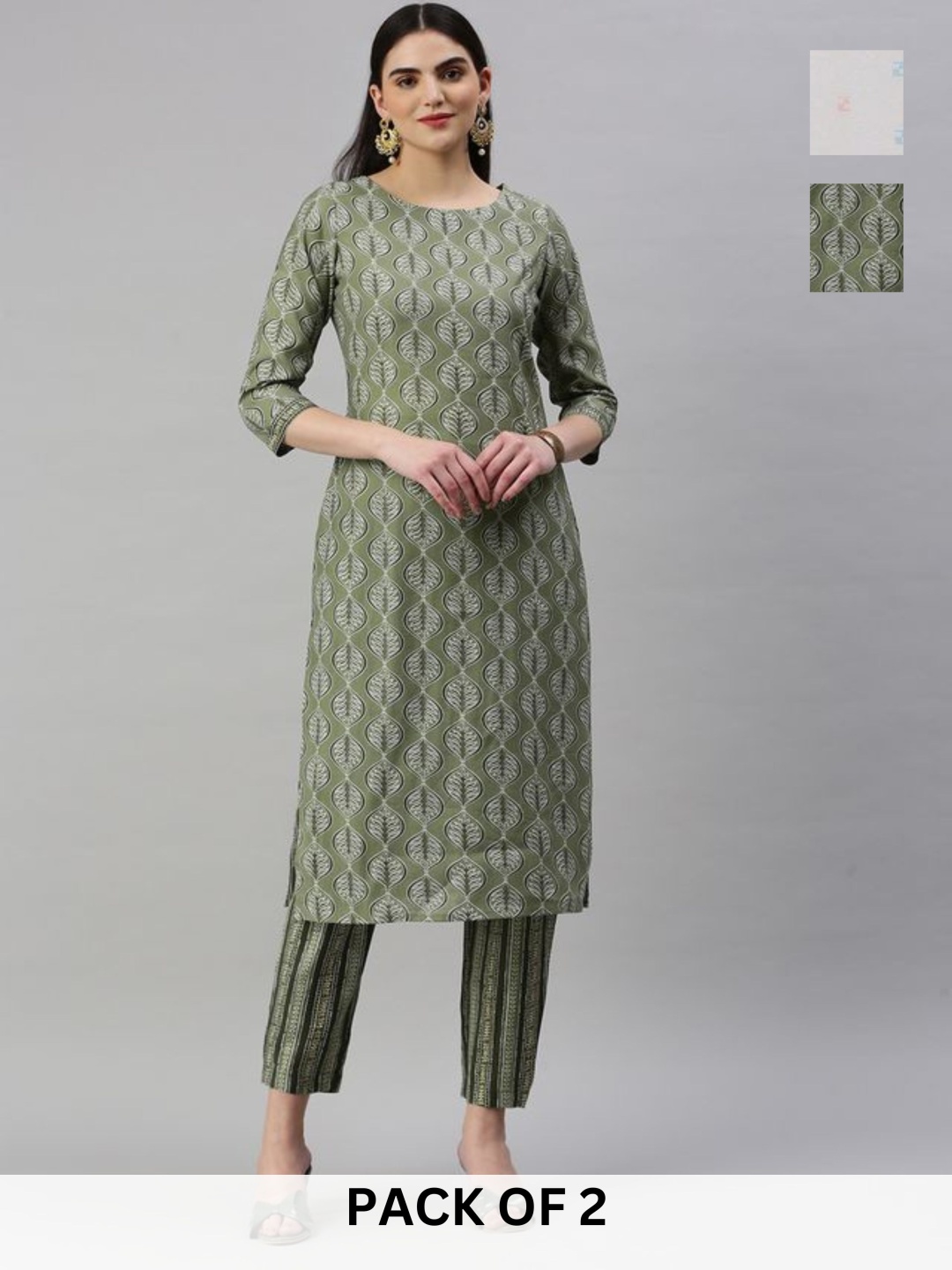 KALINI Selection Of 2 Ethnic Motifs Printed Round Neck Straight Kurta With Trouser, Olive
KALINI Selection Of 2 Ethnic Motifs Printed Round Neck Straight Kurta With Trouser, Olive