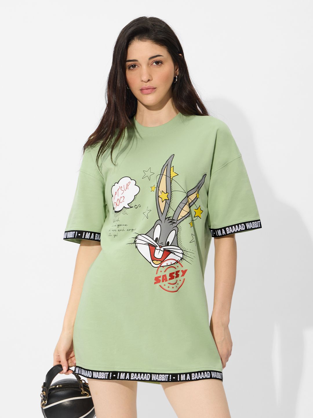 The Souled Store Graphic Printed Bugs Bunny Sassy Pure Cotton T-shirt Mini Dress, Green
The Souled Store Graphic Printed Bugs Bunny Sassy Pure Cotton T-shirt Mini Dress, Green