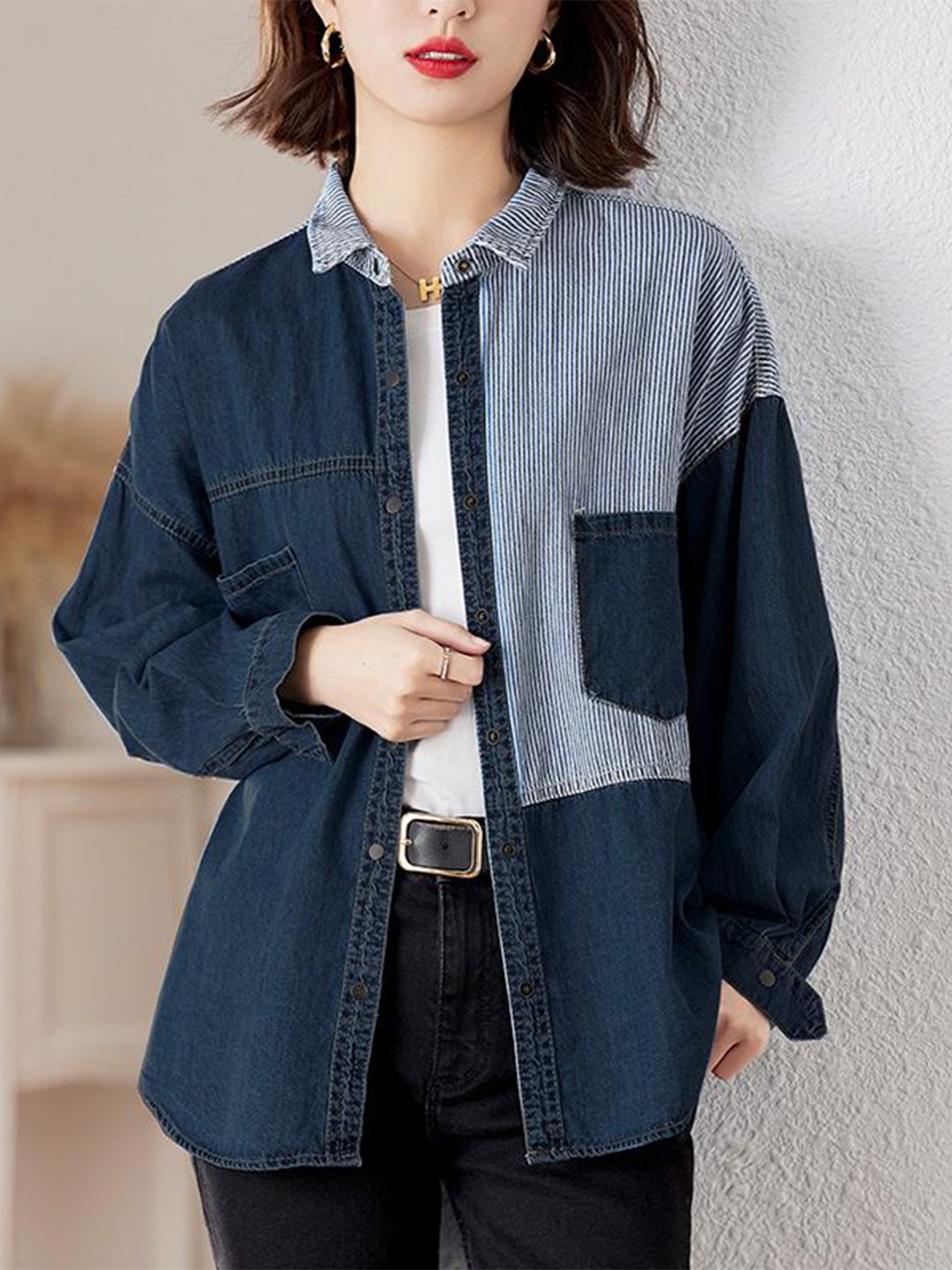 StyleCast Women Relaxed Fit Spread Collar Vertical Striped Cotton Casual Shirt, Navy blue
StyleCast Women Relaxed Fit Spread Collar Vertical Striped Cotton Casual Shirt, Navy blue