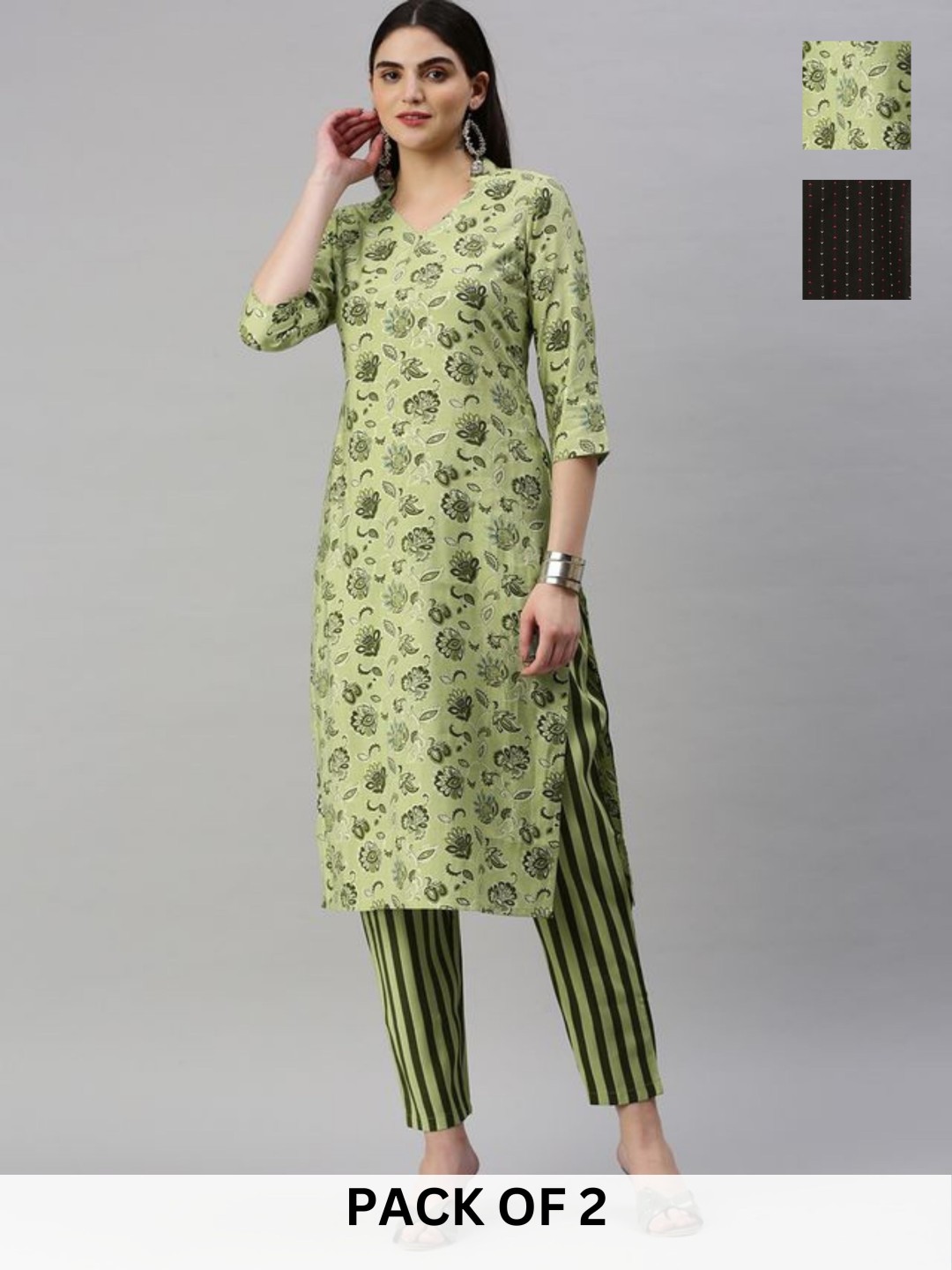 KALINI Selection Of 2 Floral Printed Cotton Blend Straight Kurta With Trousers, Green
KALINI Selection Of 2 Floral Printed Cotton Blend Straight Kurta With Trousers, Green