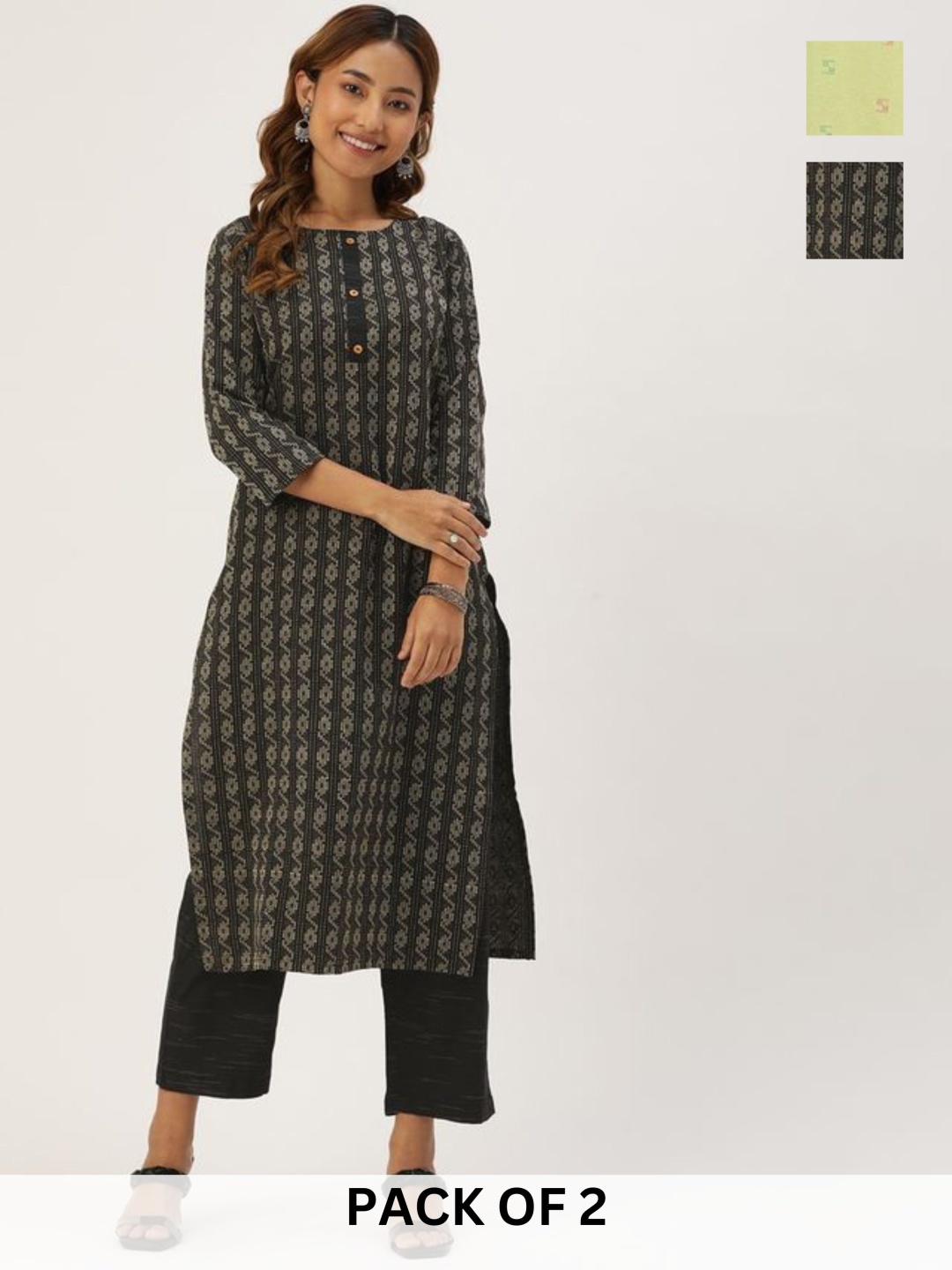 KALINI Selection Of 2 Geometric Printed Round Neck Straight Kurtas With Trousers, Black
KALINI Selection Of 2 Geometric Printed Round Neck Straight Kurtas With Trousers, Black
