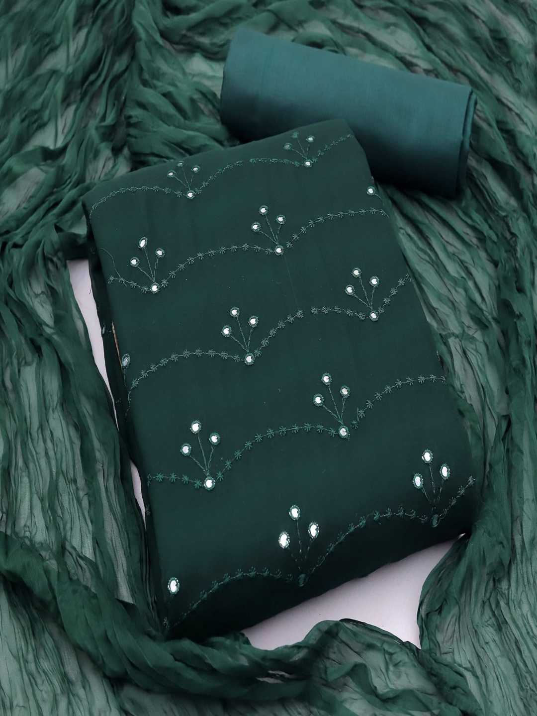 Aika Ethnic Motifs Embroidered Mirror Work Silk Georgette Unstitched Dress Material, Green
Aika Ethnic Motifs Embroidered Mirror Work Silk Georgette Unstitched Dress Material, Green
