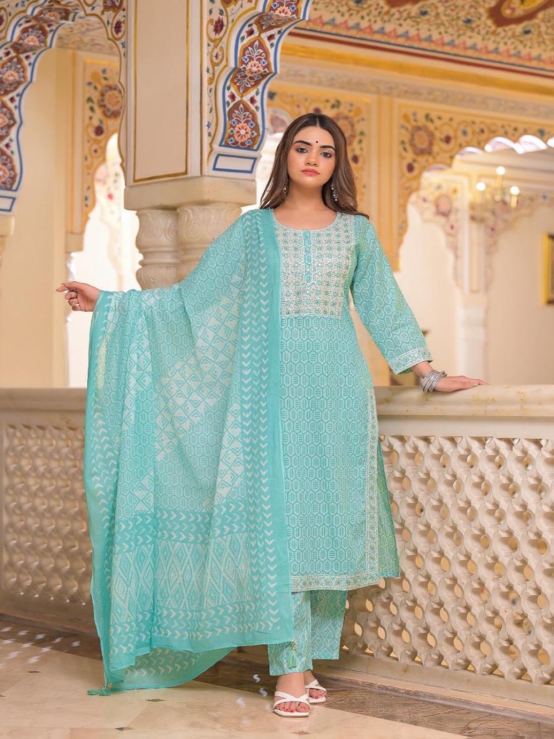 Gauric creation Geometric Printed Mirror Work Pure Cotton Kurta With Trousers And Dupatta, Green
Gauric creation Geometric Printed Mirror Work Pure Cotton Kurta With Trousers And Dupatta, Green