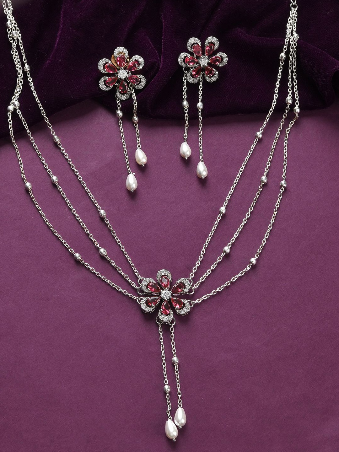 Voylla Rhodium-Plated American Diamond Studded Royal Romance Fluer Necklace Jewellery Set, Silver
Voylla Rhodium-Plated American Diamond Studded Royal Romance Fluer Necklace Jewellery Set, Silver