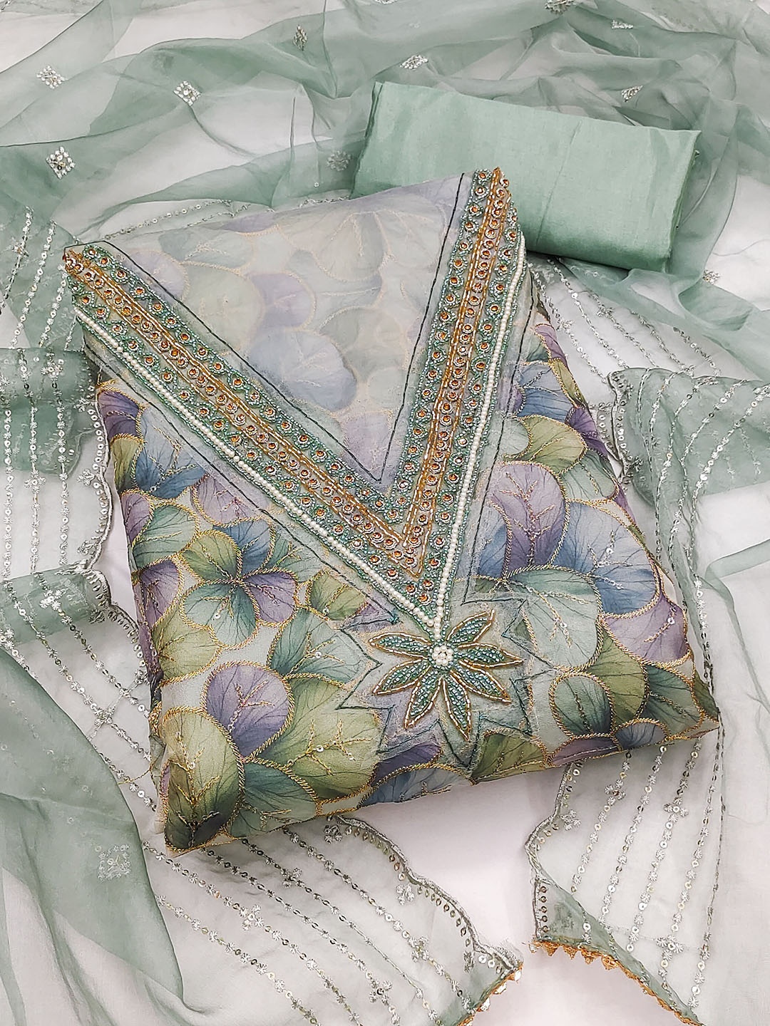 HERE&NOW Floral Printed Beads and Stones Organza Unstitched Dress Material, Sea green
HERE&NOW Floral Printed Beads and Stones Organza Unstitched Dress Material, Sea green