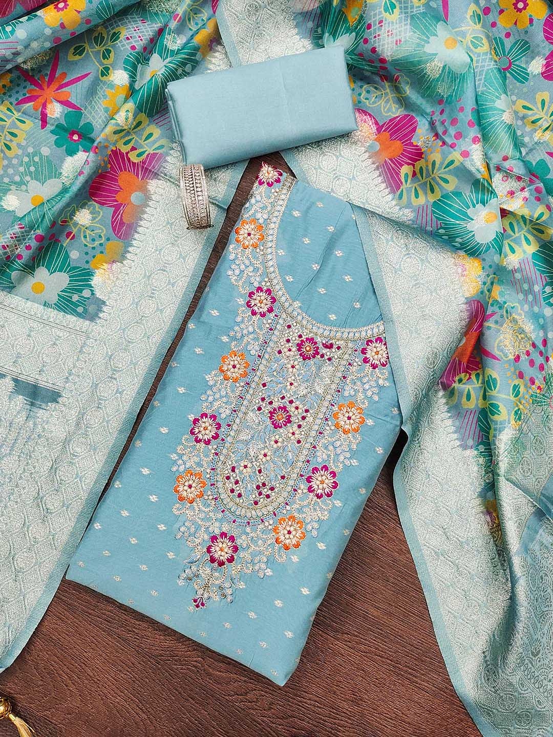 HERE&NOW Floral Embroidered Zari Work Cotton Jacquard Unstitched Dress Material, Blue
HERE&NOW Floral Embroidered Zari Work Cotton Jacquard Unstitched Dress Material, Blue