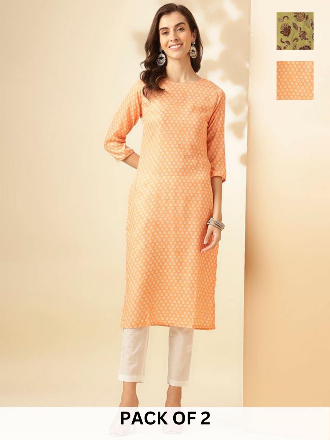 KALINI Selection Of 2 Ethnic Motifs Printed Cotton Blend Straight Kurta With Trousers, Orange
KALINI Selection Of 2 Ethnic Motifs Printed Cotton Blend Straight Kurta With Trousers, Orange