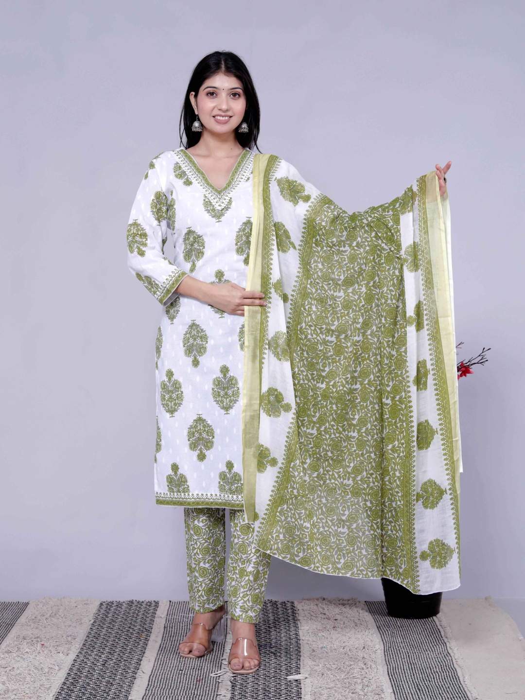 KALINI Floral Printed V-Neck Pure Cotton Straight Kurta With Trouser And Dupatta, White
KALINI Floral Printed V-Neck Pure Cotton Straight Kurta With Trouser And Dupatta, White