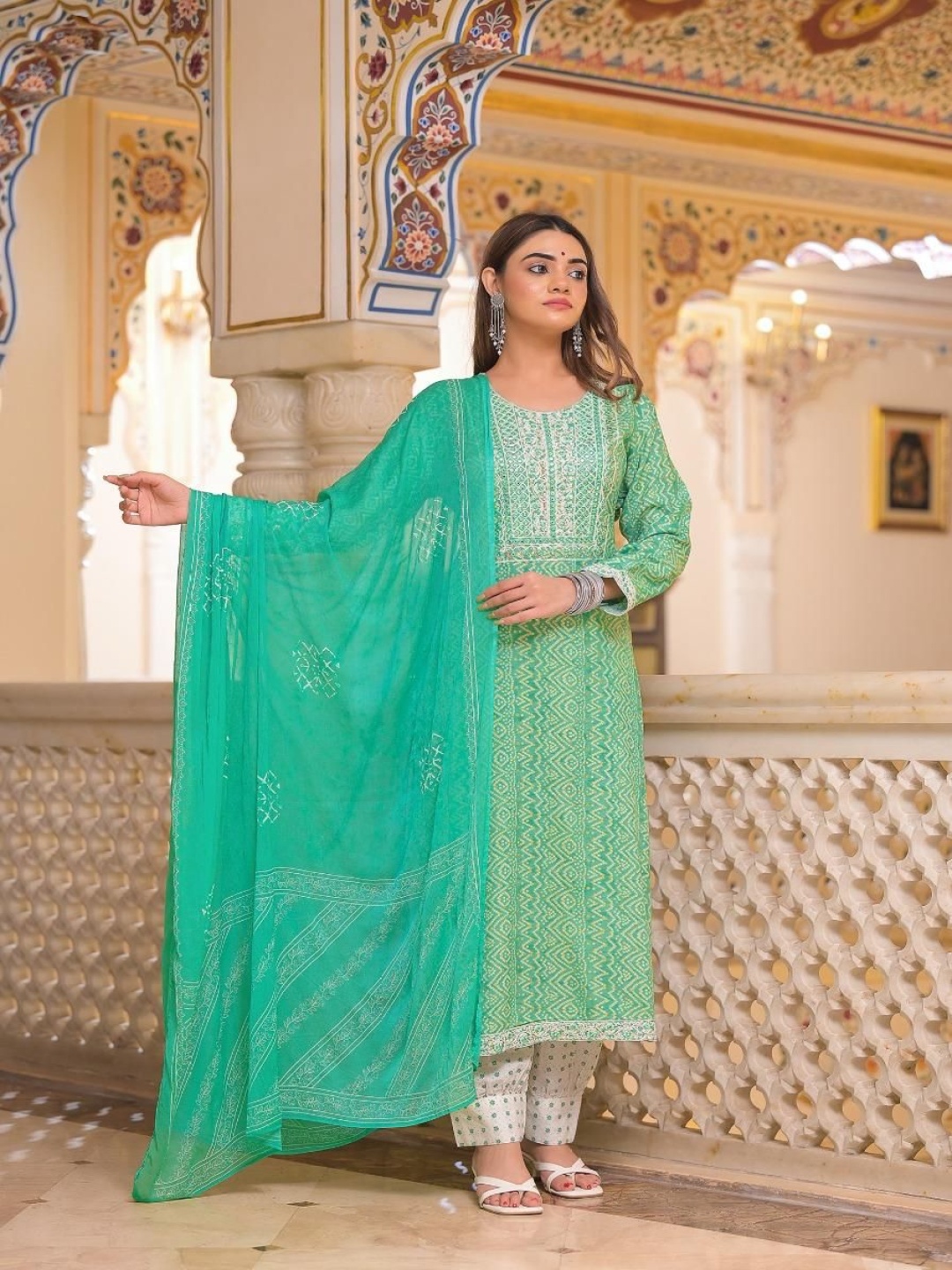Gauric creation Bandhani Printed Embroidered Mirror Work Kurta With Trouser And Dupatta, Green
Gauric creation Bandhani Printed Embroidered Mirror Work Kurta With Trouser And Dupatta, Green