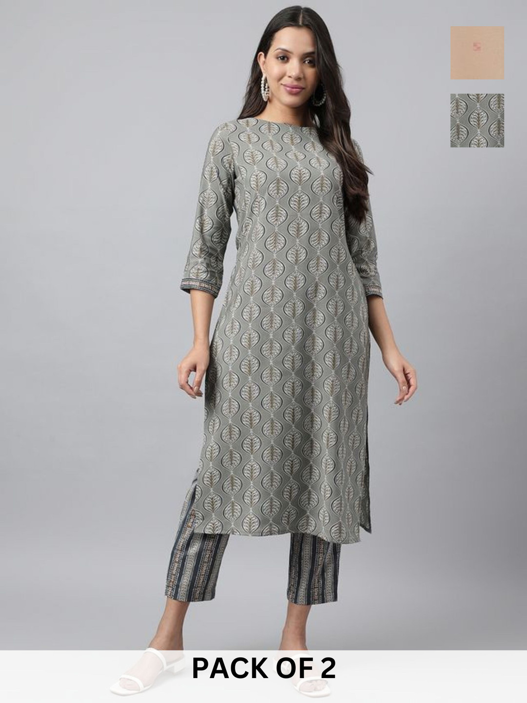 KALINI Selection Of 2 Ethnic Motifs Printed Round Neck Straight Kurta With Trouser, Grey 
KALINI Selection Of 2 Ethnic Motifs Printed Round Neck Straight Kurta With Trouser, Grey