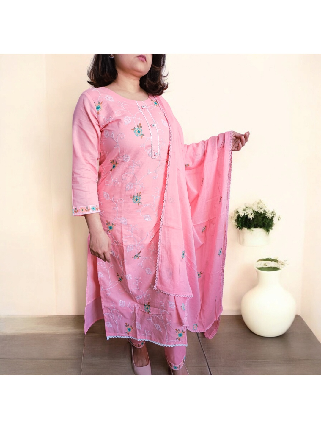 Nadora Fashions Floral Embroidered Pure Cotton Straight Kurta With Trouser & Dupatta, Pink
Nadora Fashions Floral Embroidered Pure Cotton Straight Kurta With Trouser & Dupatta, Pink