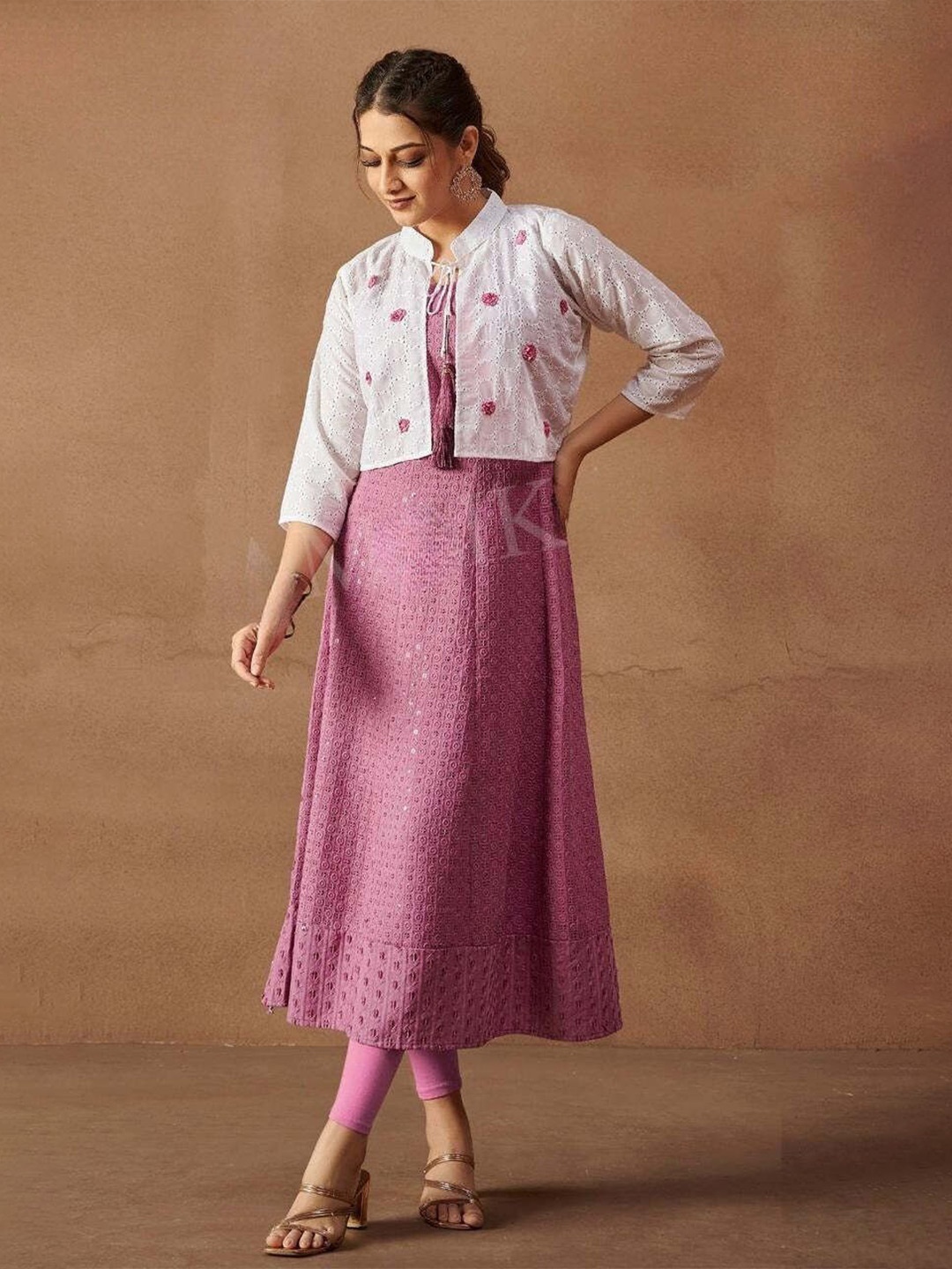 REET MAHAL Ethnic Motifs Embroidered Sequinned Georgette Anarkali Kurtas With Jacket, Pink
REET MAHAL Ethnic Motifs Embroidered Sequinned Georgette Anarkali Kurtas With Jacket, Pink