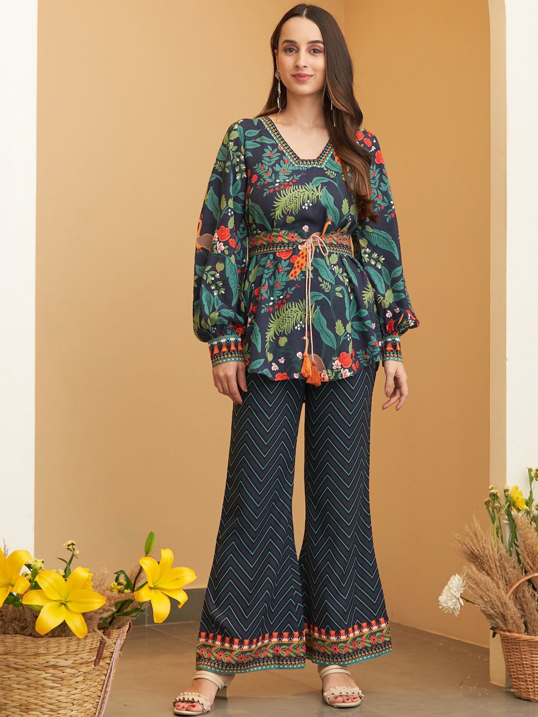 Rustorange Tropical Printed Balloon Sleeve Top With Trouser & Belt Co-Ords, Navy blue
Rustorange Tropical Printed Balloon Sleeve Top With Trouser & Belt Co-Ords, Navy blue