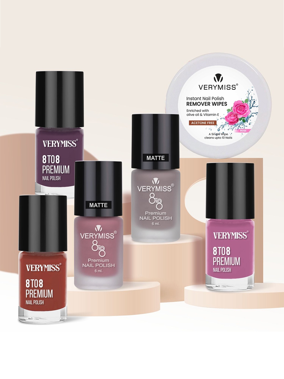 VERYMISS Set Of 5 Trending Nail Polish - 6 ml Each With Nail Polish Remover Wipes - 09, Purple
VERYMISS Set Of 5 Trending Nail Polish - 6 ml Each With Nail Polish Remover Wipes - 09, Purple