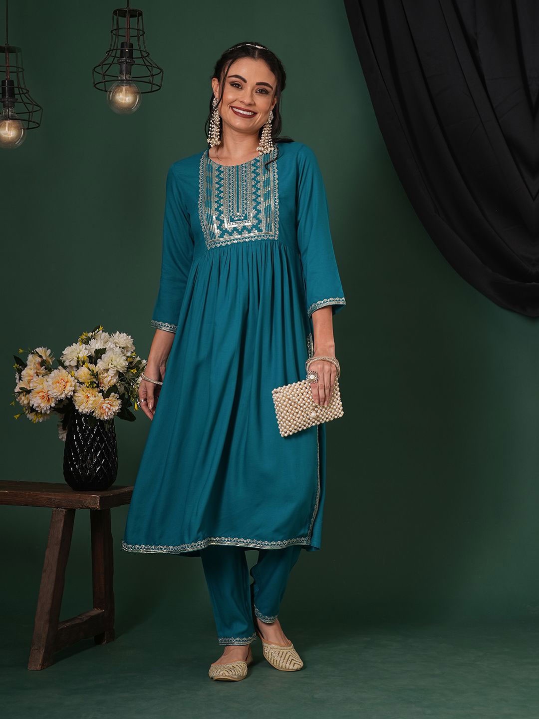 Globus Zari & Sequinned Yoke Gathered A-Line Kurta With Straight Pants Festive Set, Teal
Globus Zari & Sequinned Yoke Gathered A-Line Kurta With Straight Pants Festive Set, Teal