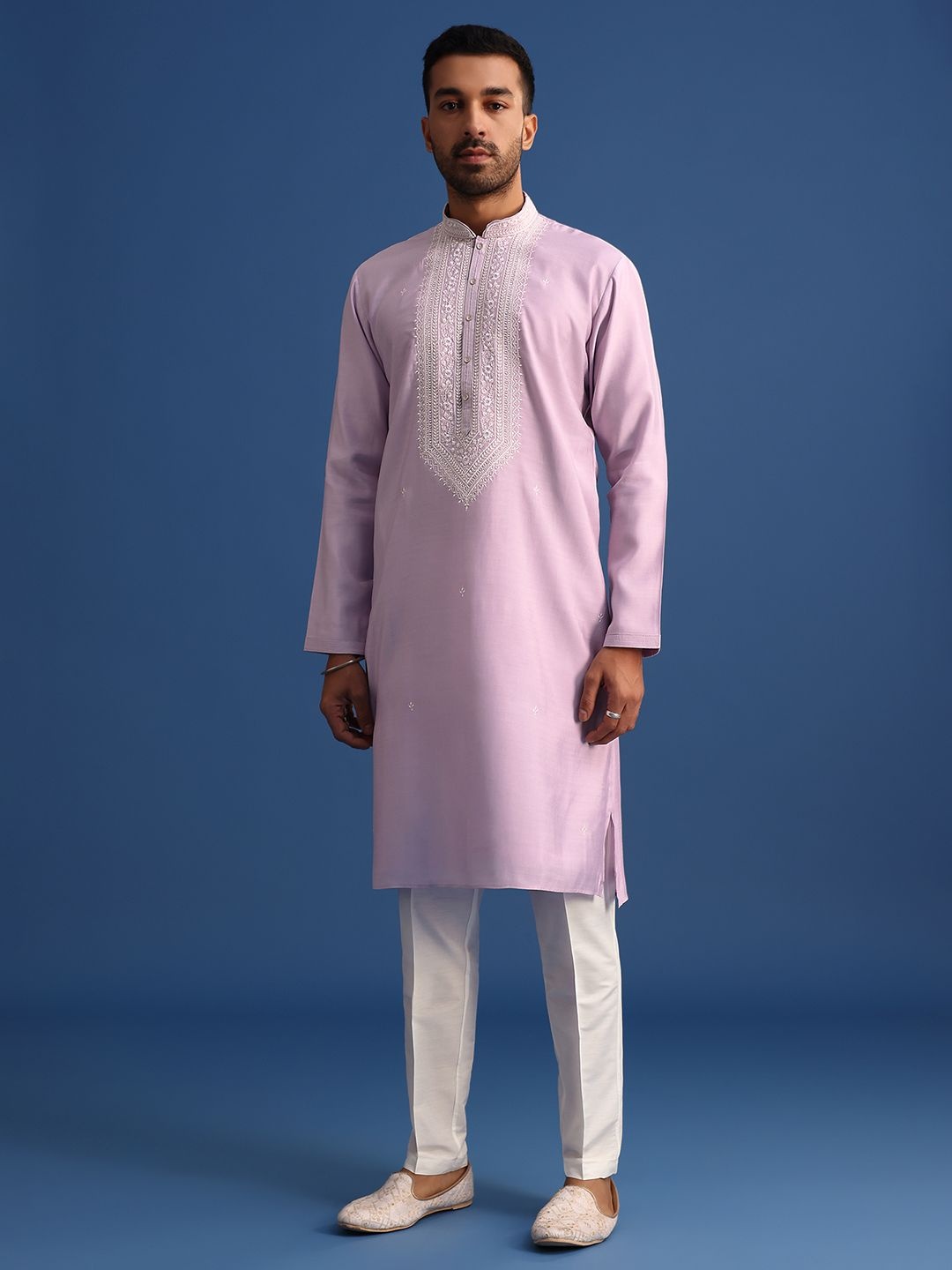 KALKI Fashion Floral Yoke Design Mandarin Collar Thread Work Straight Kurta With Trousers, Purple
KALKI Fashion Floral Yoke Design Mandarin Collar Thread Work Straight Kurta With Trousers, Purple