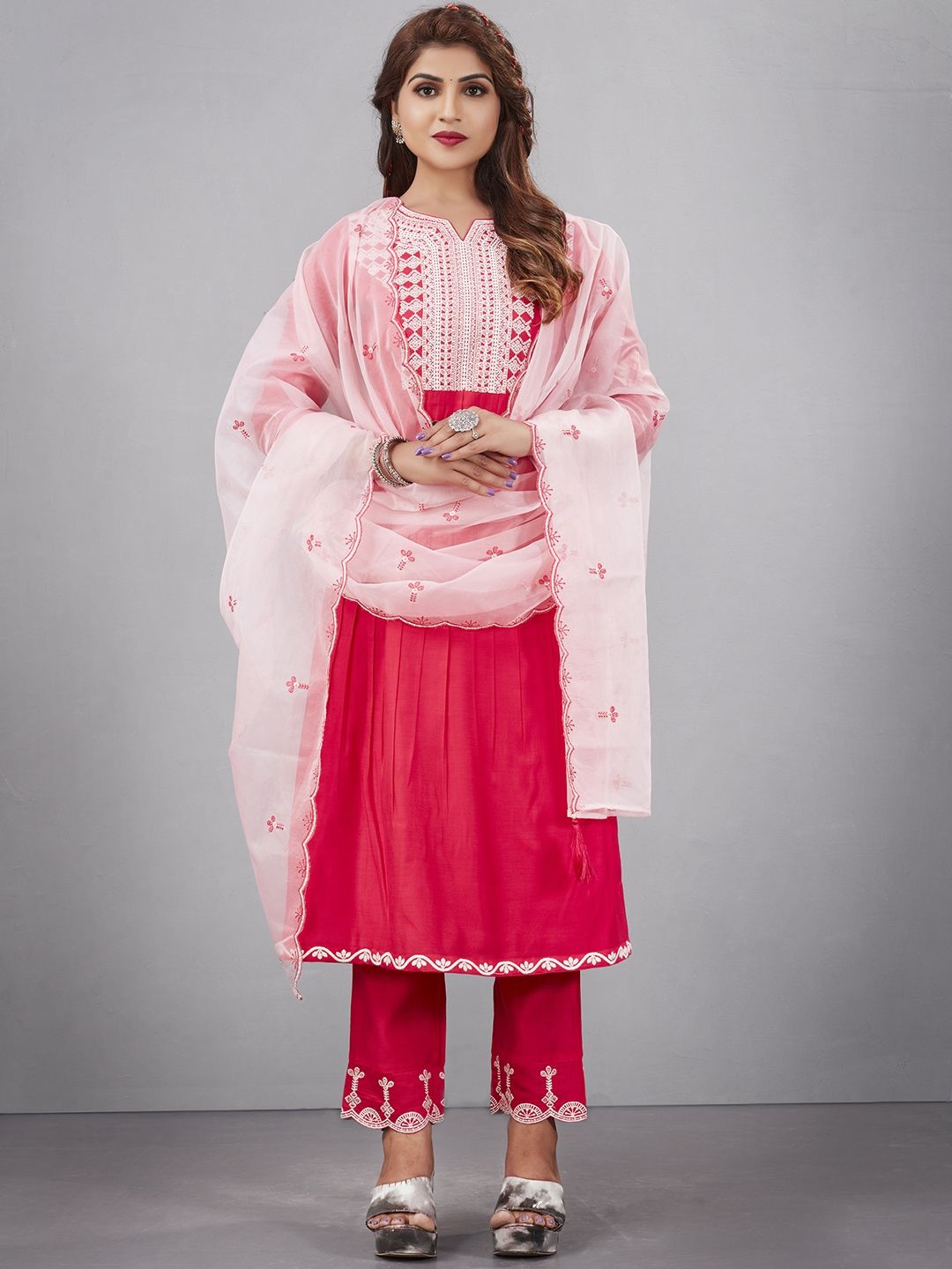 Krimmple Women Embroidered Regular Thread Work Pure Silk Kurti with Pyjamas & With Dupatta, Pink
Krimmple Women Embroidered Regular Thread Work Pure Silk Kurti with Pyjamas & With Dupatta, Pink