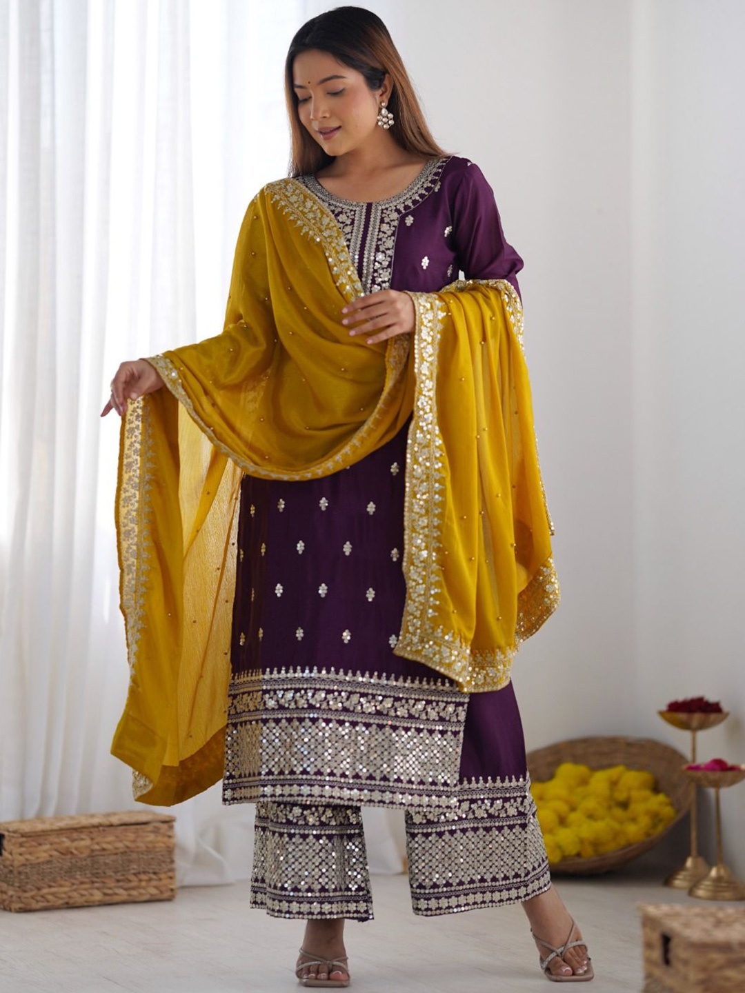 SHREE KHODAL FASHION Floral Embroidered Chinon Silk Kurta With Trousers And Dupatta, Purple
SHREE KHODAL FASHION Floral Embroidered Chinon Silk Kurta With Trousers And Dupatta, Purple