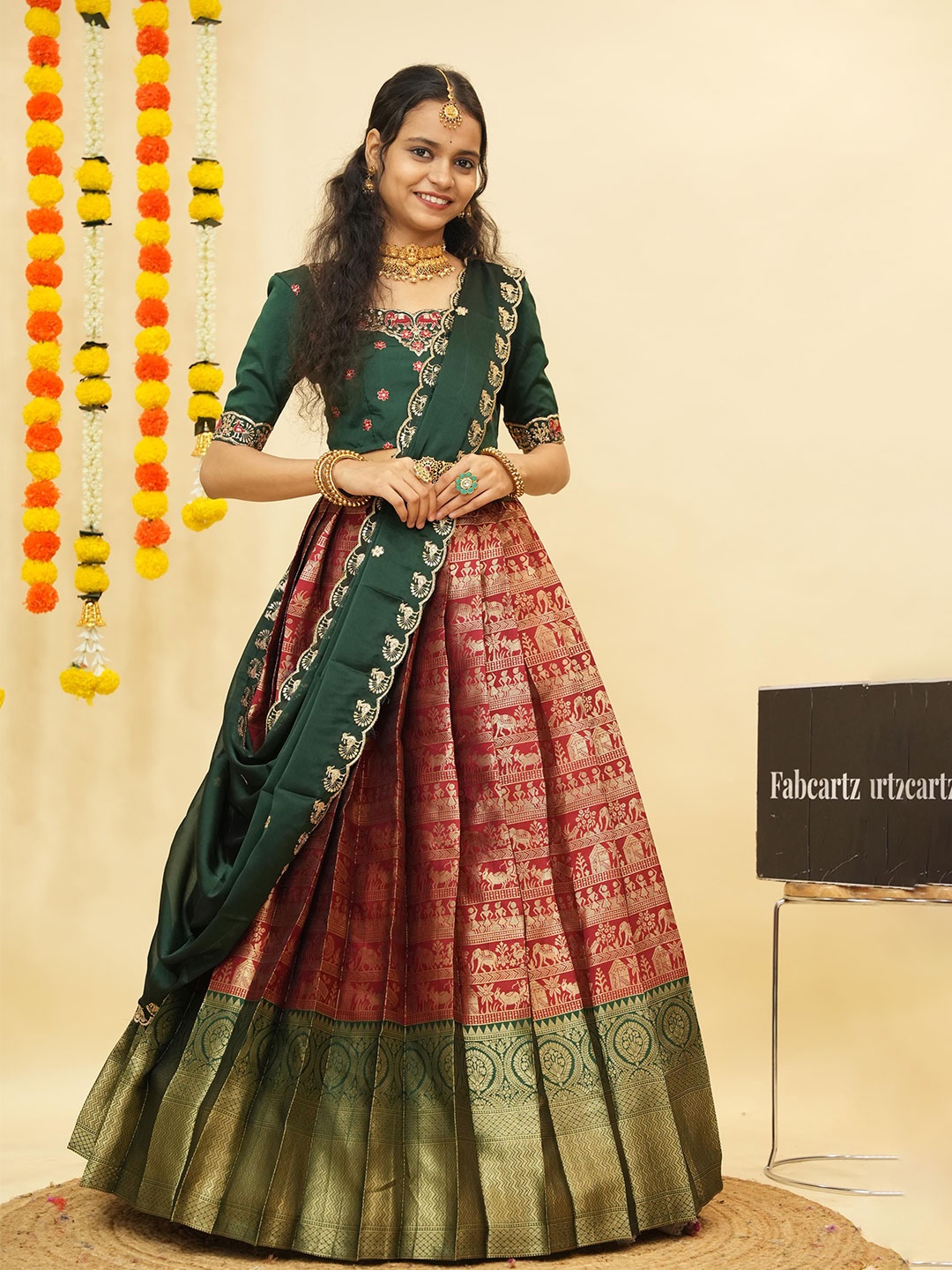 Fabcartz Embroidered Thread Work Semi-Stitched Lehenga & Unstitched Blouse With Dupatta, Maroon
Fabcartz Embroidered Thread Work Semi-Stitched Lehenga & Unstitched Blouse With Dupatta, Maroon
