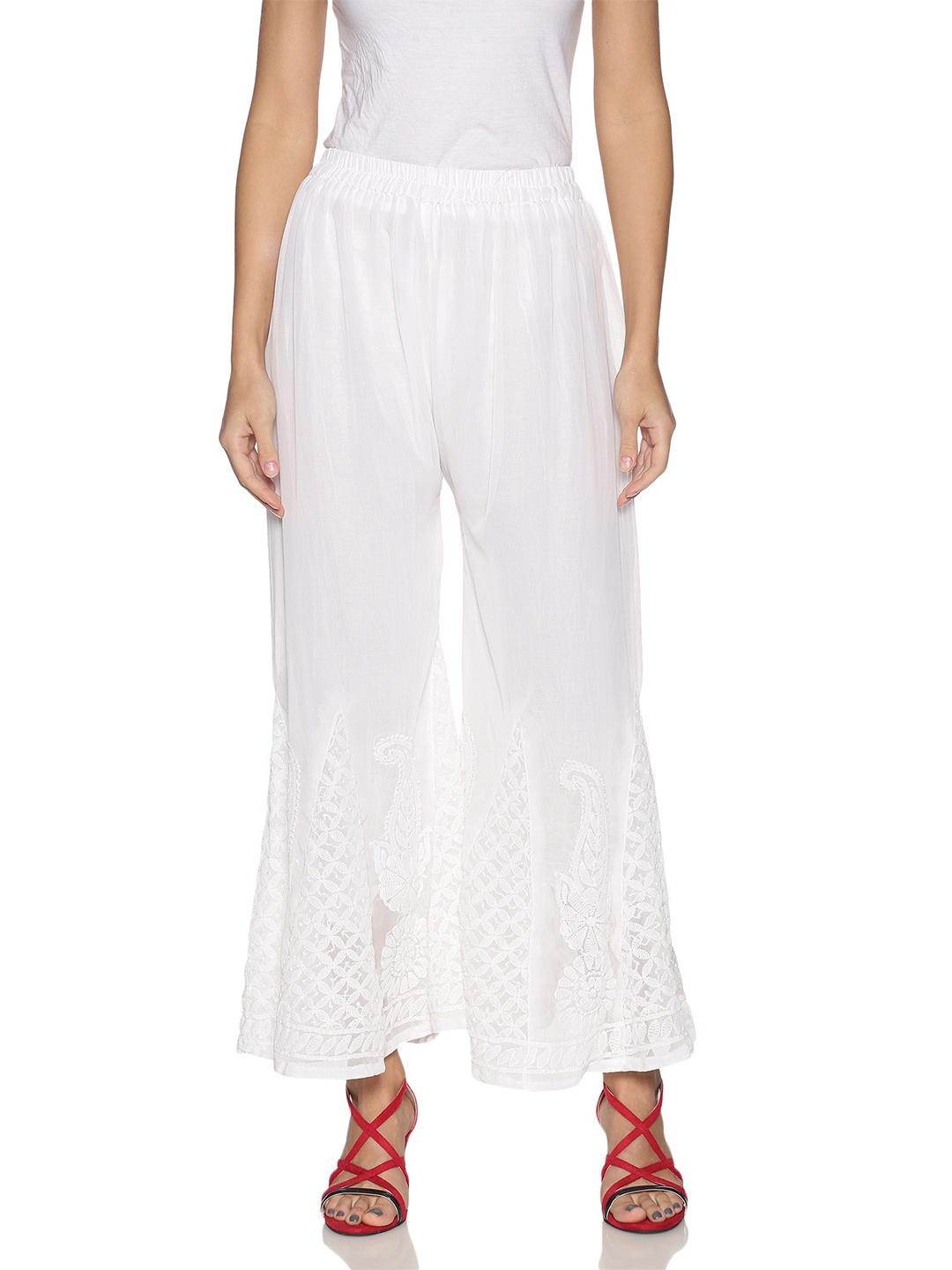 Fashionable Chikan Handikraft Women Embroidered Flared Knitted Georgette Palazzos, White
Fashionable Chikan Handikraft Women Embroidered Flared Knitted Georgette Palazzos, White