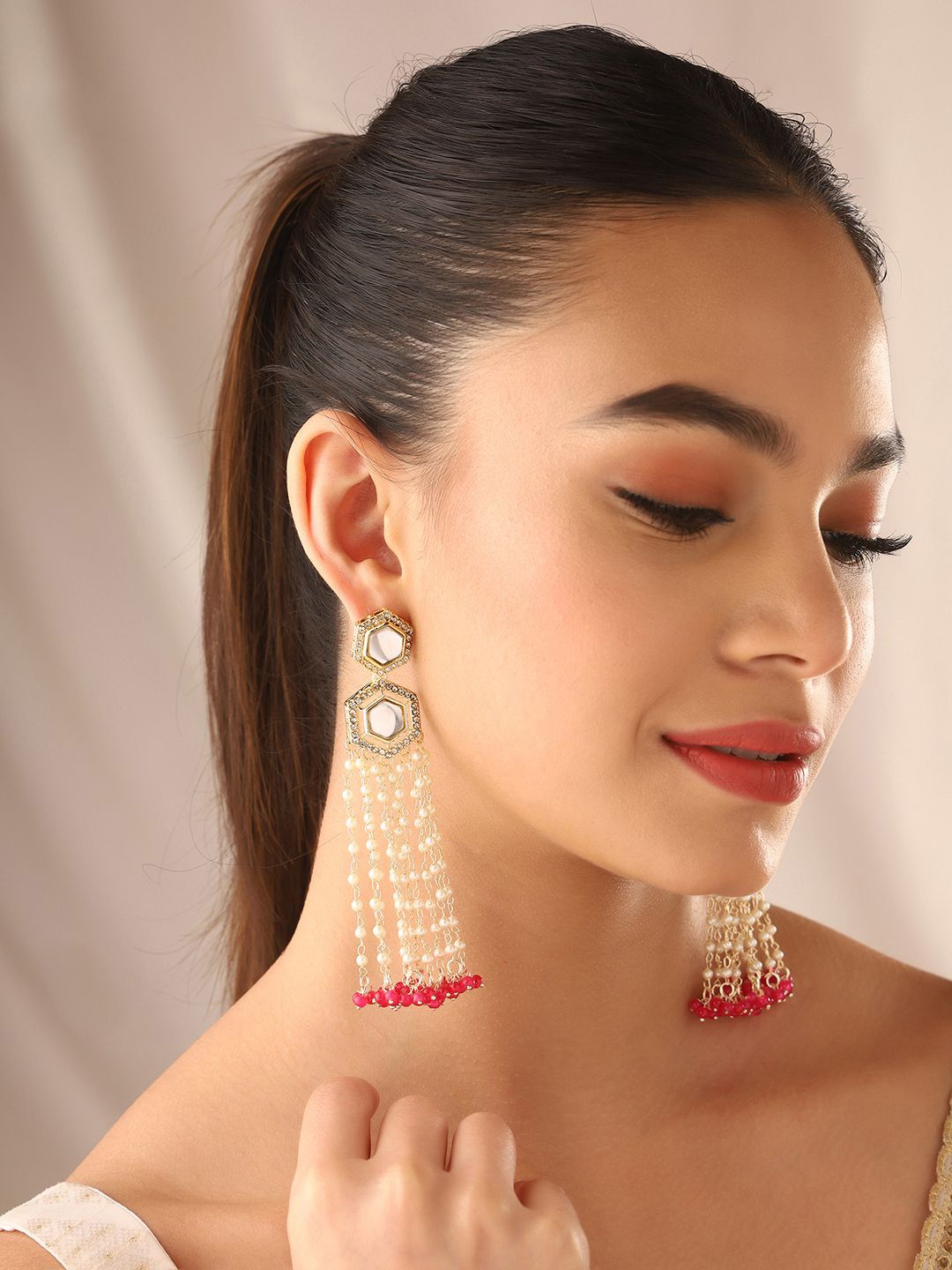 Priyaasi Gold Plated Kundan Stone Studded & Beaded Geometric Tasselled Drop Earrings
Priyaasi Gold Plated Kundan Stone Studded & Beaded Geometric Tasselled Drop Earrings