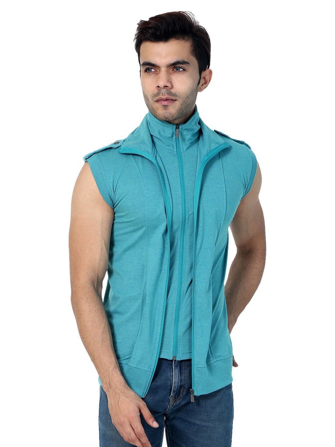 Black Collection Solid Turtle Neck Double Zipper Sleeveless Slim Fit T-Shirt, Turquoise blue
Black Collection Solid Turtle Neck Double Zipper Sleeveless Slim Fit T-Shirt, Turquoise blue
