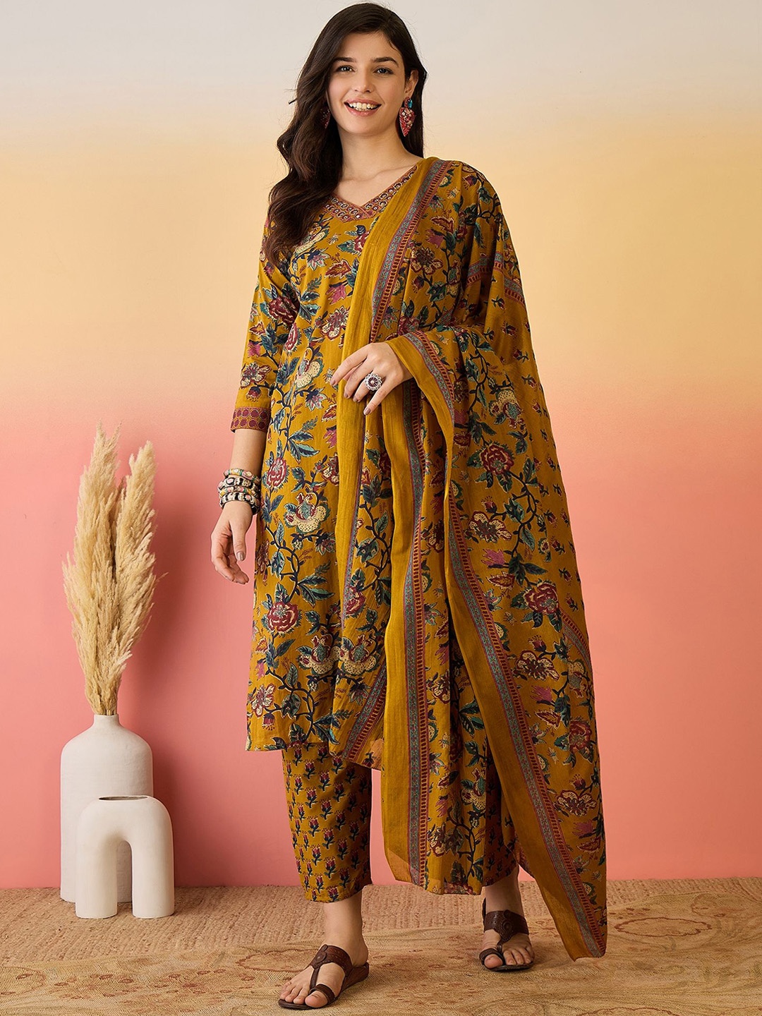 Sangria Floral Printed Mirror Work Pure Cotton Kurta With Trouser And Dupatta, Mustard
Sangria Floral Printed Mirror Work Pure Cotton Kurta With Trouser And Dupatta, Mustard