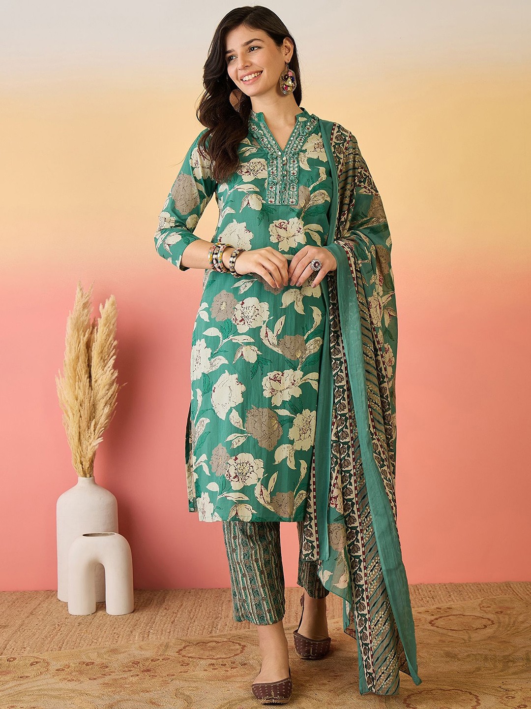 Sangria Floral Printed Mirror Work Pure Cotton Kurta With Trouser And Dupatta, Green
Sangria Floral Printed Mirror Work Pure Cotton Kurta With Trouser And Dupatta, Green