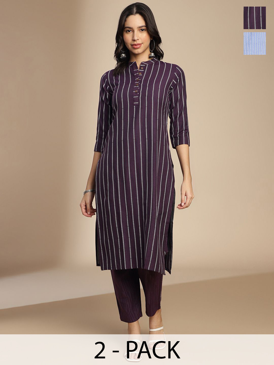 KALINI Selection Of 2 Striped Mandarin Collar Straight Kurtas, Violet
KALINI Selection Of 2 Striped Mandarin Collar Straight Kurtas, Violet
