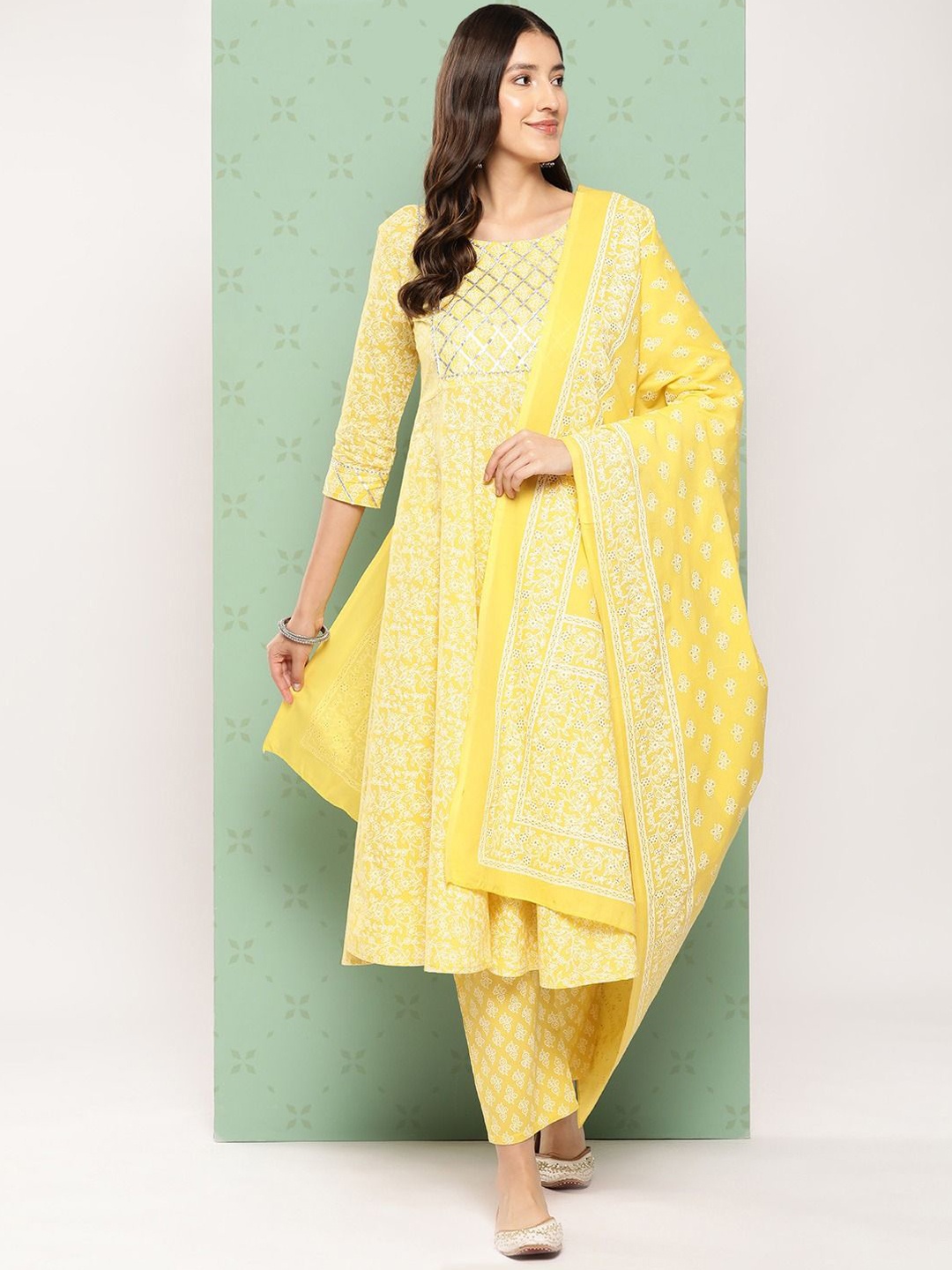 Jaitpuriya Ethnic Motifs Printed Pure Cotton Anarkali Kurta With Trousers & Dupatta, Yellow
Jaitpuriya Ethnic Motifs Printed Pure Cotton Anarkali Kurta With Trousers & Dupatta, Yellow
