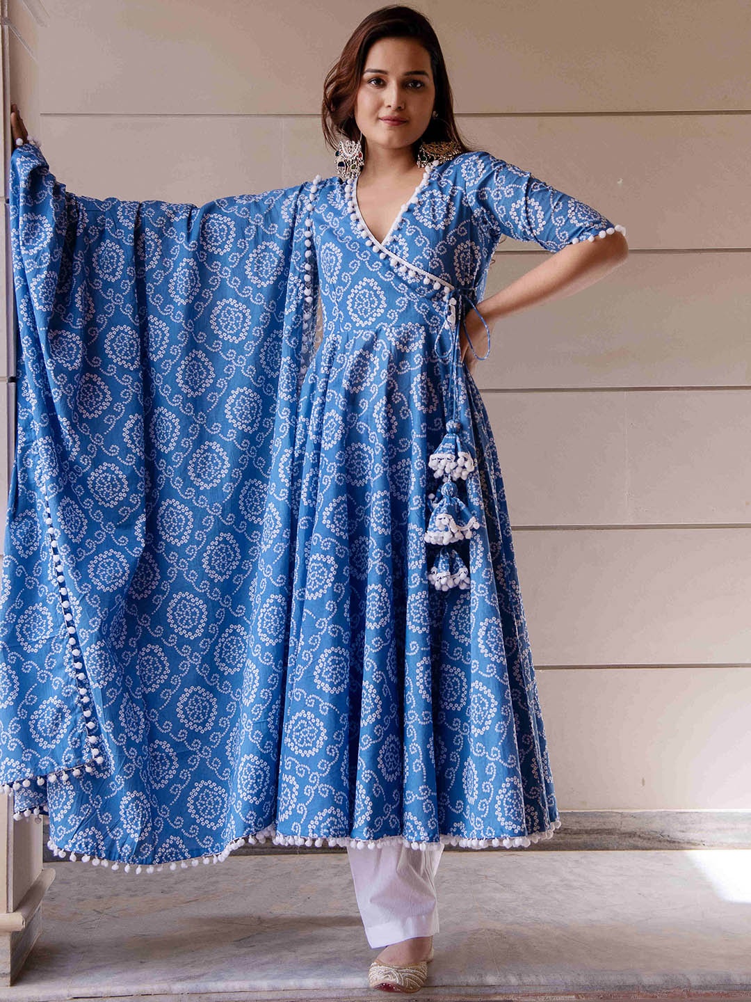 Pomcha Bandhani Printed Angrakha Pure Cotton Anarkali Kurta with Trousers & Dupatta, Blue
Pomcha Bandhani Printed Angrakha Pure Cotton Anarkali Kurta with Trousers & Dupatta, Blue