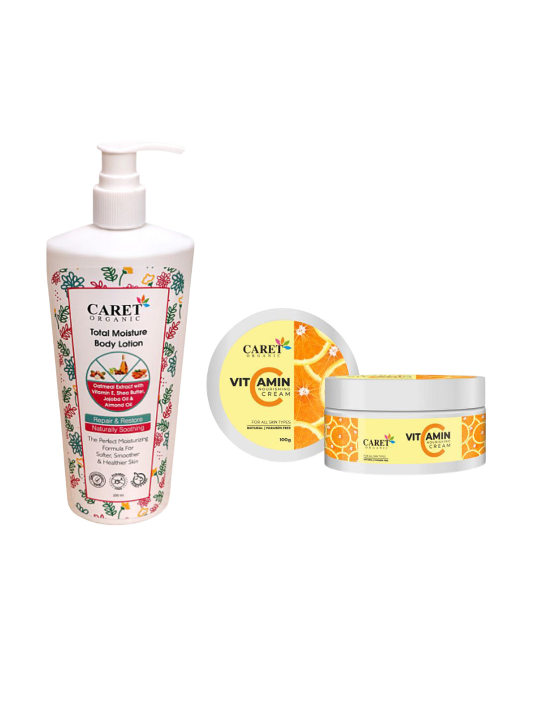 CARET ORGANIC Set Of 2 Total Moisture Body Lotion -200ml & Vitamin C Nourishing Cream-100g, White
CARET ORGANIC Set Of 2 Total Moisture Body Lotion -200ml & Vitamin C Nourishing Cream-100g, White