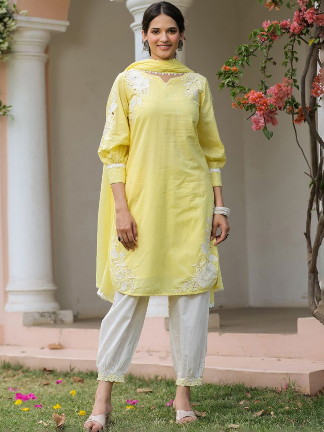 SAVI Floral Embroidered Notch Neck Pure Cotton Straight Kurta With Trousers And Dupatta, Yellow
SAVI Floral Embroidered Notch Neck Pure Cotton Straight Kurta With Trousers And Dupatta, Yellow