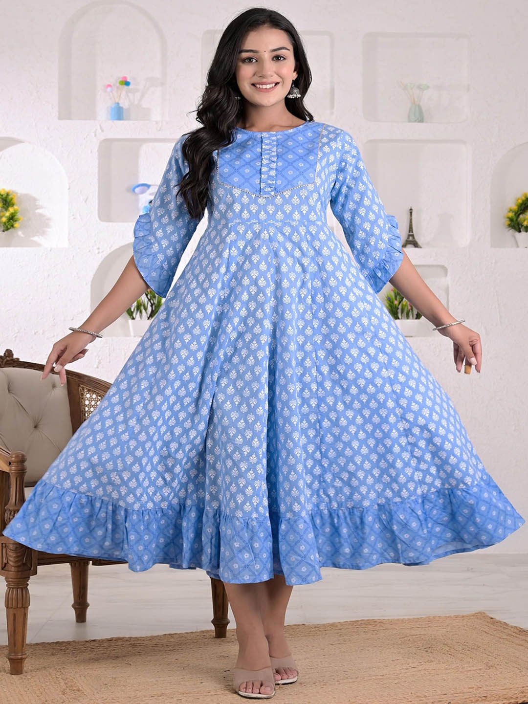 KASHISHIYA Floral Printed Ruffles Bell Sleeves Cotton Midi Fit And Flare Dress, Blue
KASHISHIYA Floral Printed Ruffles Bell Sleeves Cotton Midi Fit And Flare Dress, Blue