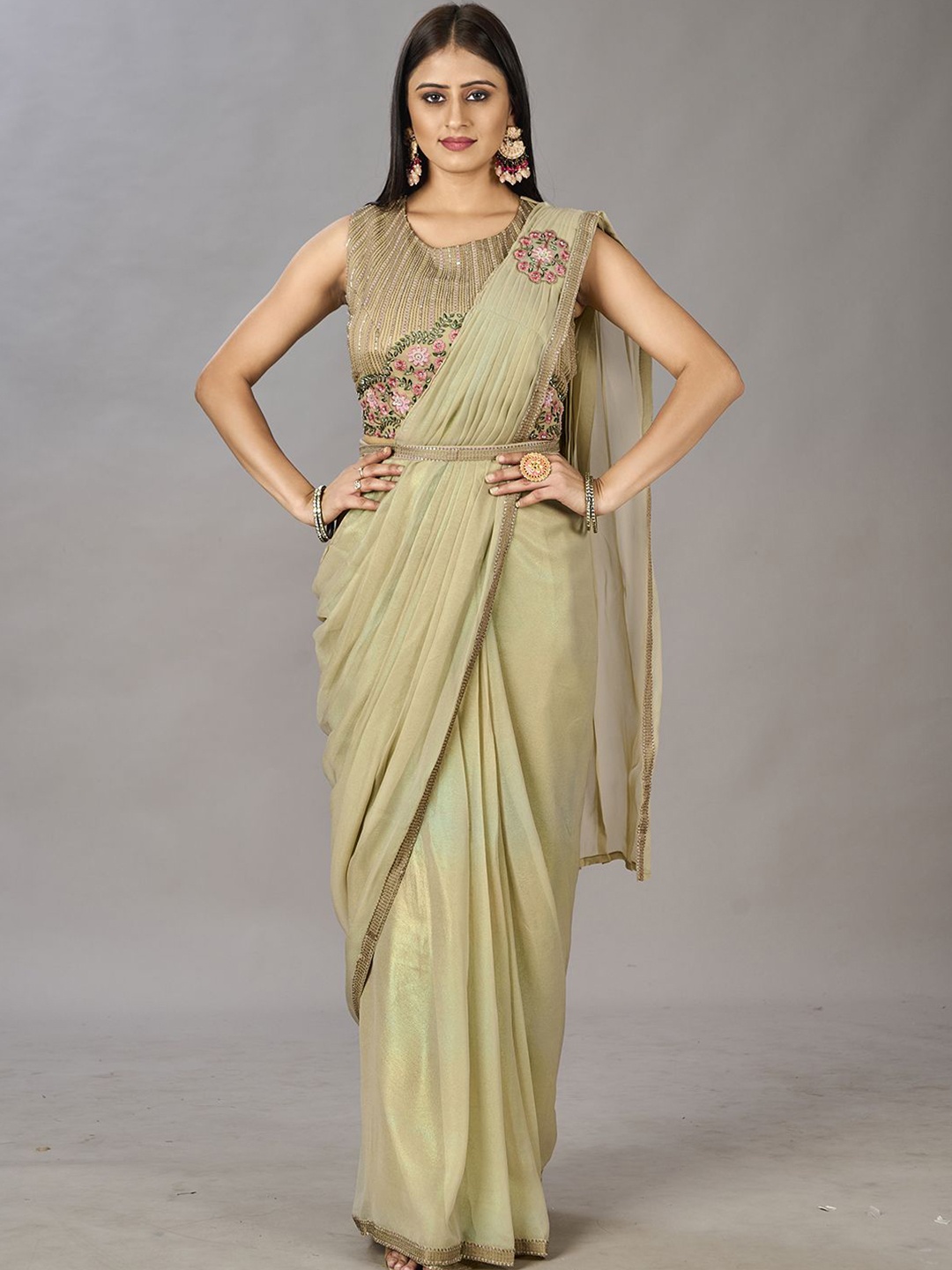 Krimmple Floral Embroidered Beads and Stones Pure Georgette Ready to Wear Saree, Green
Krimmple Floral Embroidered Beads and Stones Pure Georgette Ready to Wear Saree, Green