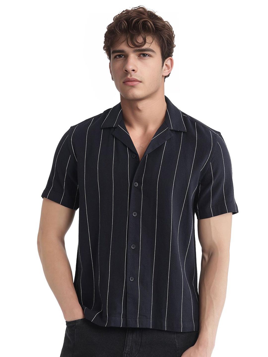 RARE RABBIT Men Comfort Fit Cuban Collar Vertical Striped Cotton Casual Shirt, Navy blue
RARE RABBIT Men Comfort Fit Cuban Collar Vertical Striped Cotton Casual Shirt, Navy blue