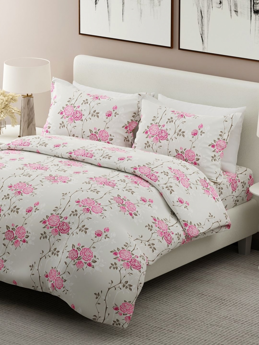 Boutique Living India 100% Cotton 300 TC Floral Print Rose Scented King Bedsheet Set, White
Boutique Living India 100% Cotton 300 TC Floral Print Rose Scented King Bedsheet Set, White