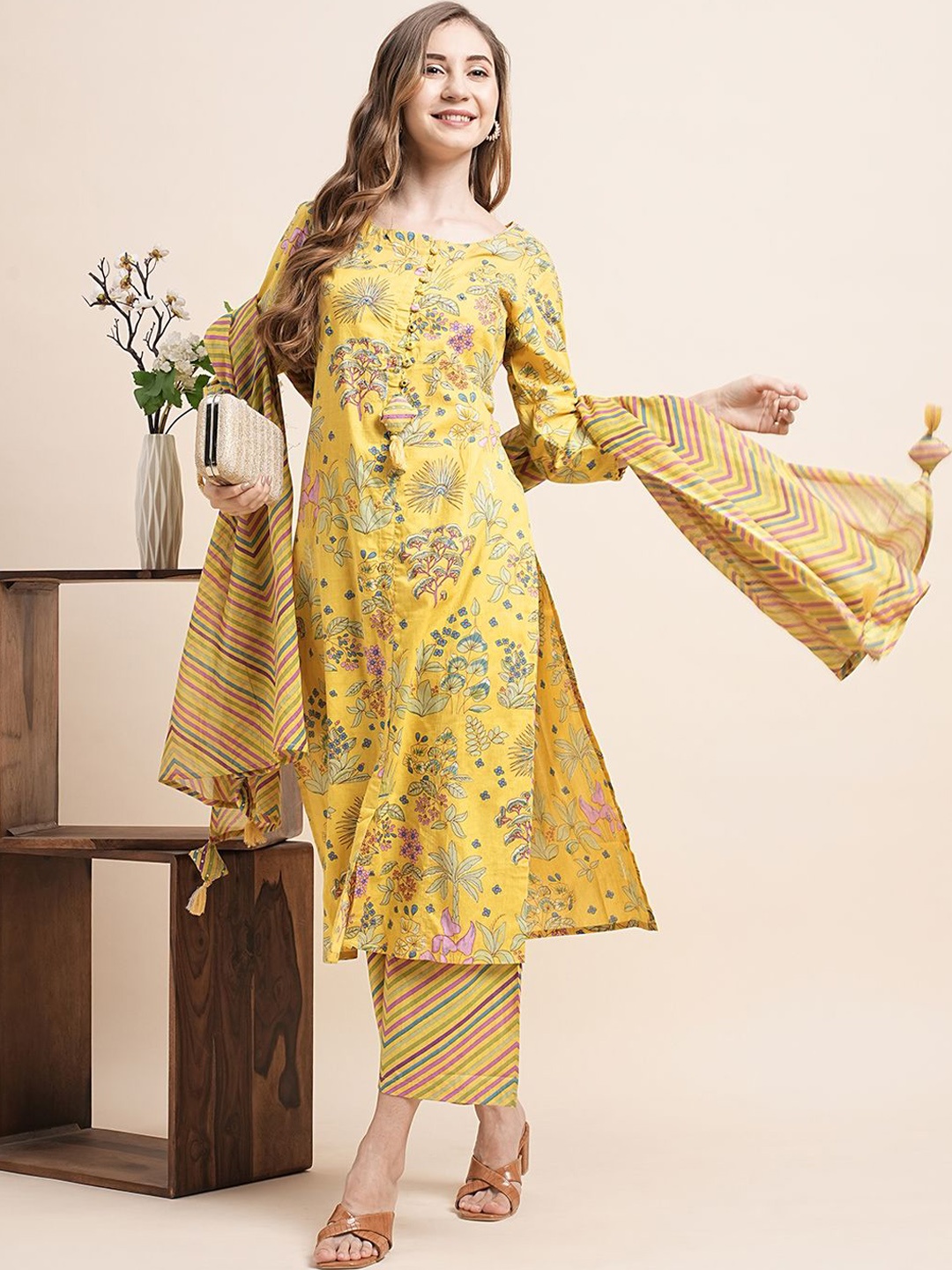 INDYES Women Floral Printed Regular Pure Cotton Kurta with Pyjamas & With Dupatta, Mustard
INDYES Women Floral Printed Regular Pure Cotton Kurta with Pyjamas & With Dupatta, Mustard