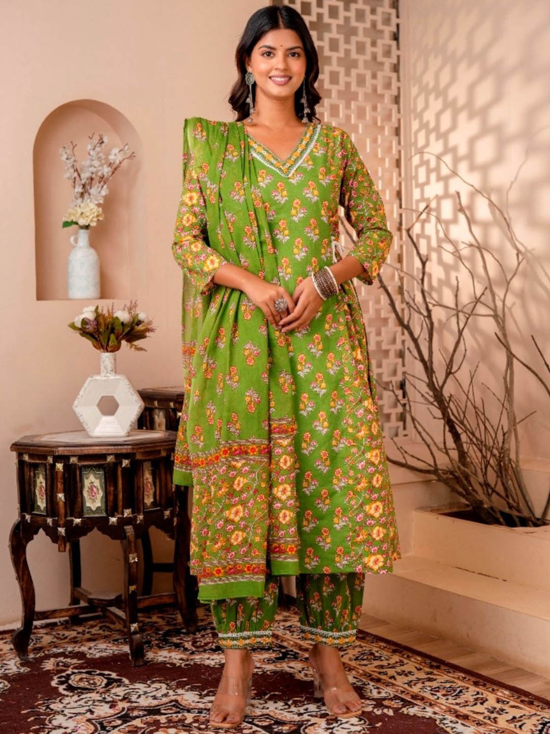 KALINI Women Floral Printed Pleated Pure Cotton Kurta with Trousers & With Dupatta, Green
KALINI Women Floral Printed Pleated Pure Cotton Kurta with Trousers & With Dupatta, Green