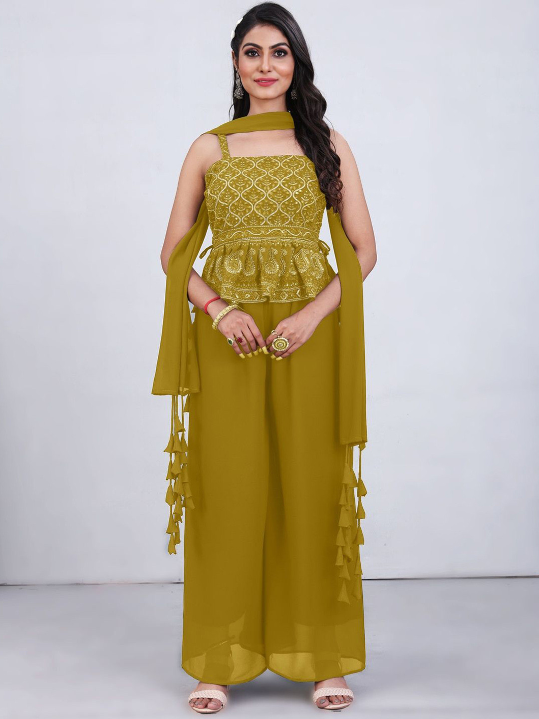 SANCIA Ethnic Motifs Embroidered Pleated Sequinned A-Line Kurta with Palazzos & Dupatta, Yellow
SANCIA Ethnic Motifs Embroidered Pleated Sequinned A-Line Kurta with Palazzos & Dupatta, Yellow