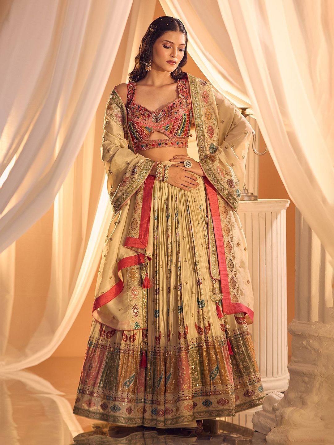 Alaya Advani Embroidered Mirror Work Ready to Wear Lehenga & Blouse With Dupatta, Cream
Alaya Advani Embroidered Mirror Work Ready to Wear Lehenga & Blouse With Dupatta, Cream
