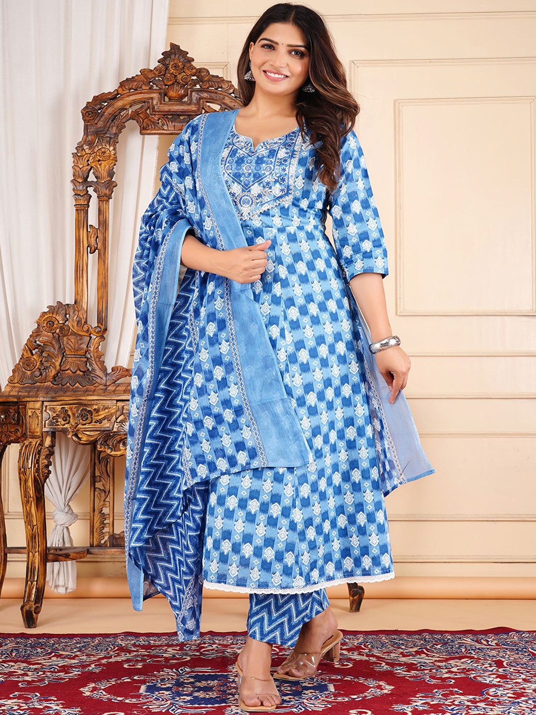 JD FINISHING Women Floral Printed Tiered Kantha Work Pure Cotton Kurti with Palazzos & With Dupatta, Blue
JD FINISHING Women Floral Printed Tiered Kantha Work Pure Cotton Kurti with Palazzos & With Dupatta, Blue