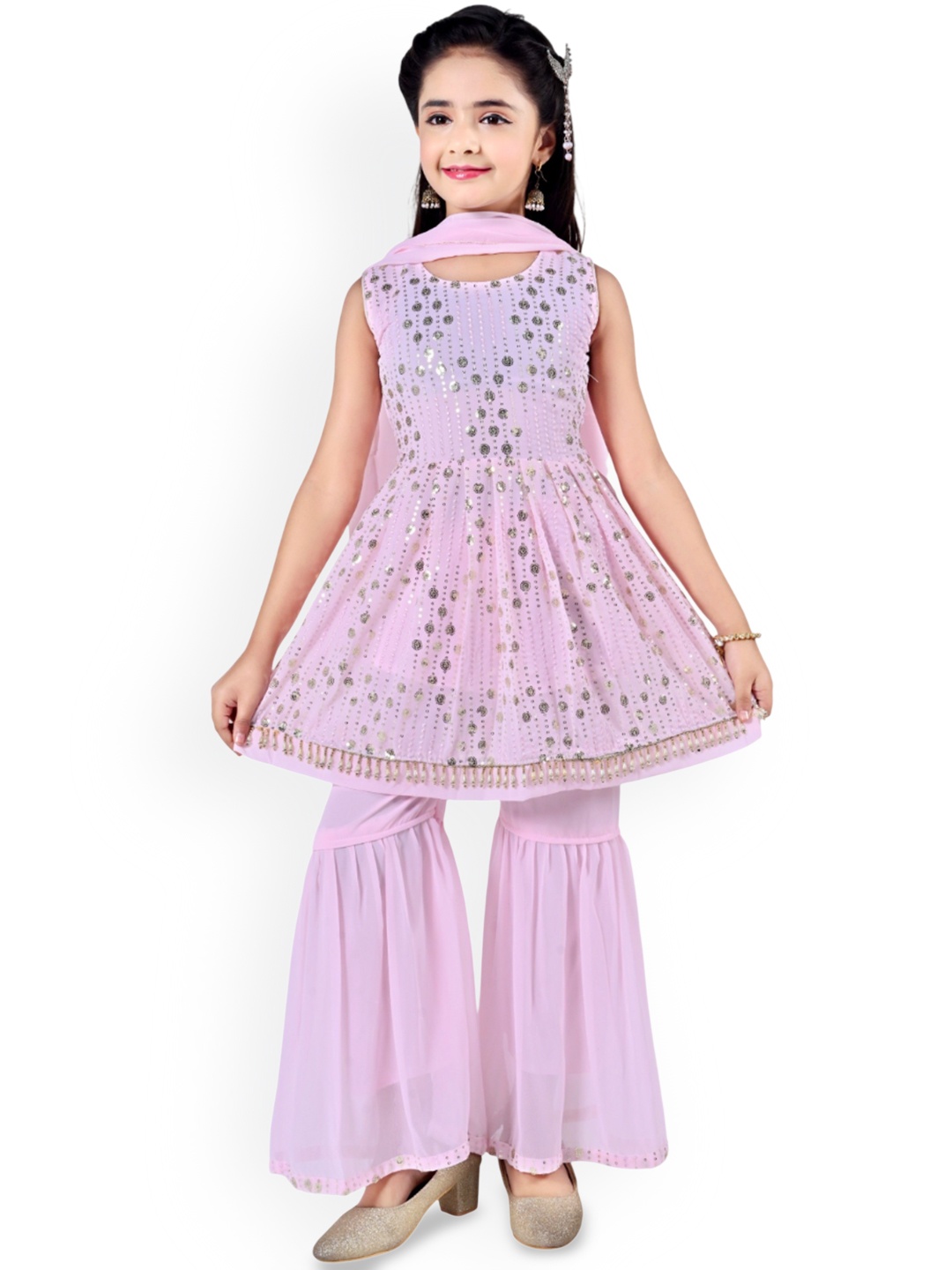 Arshia Fashions Girls Striped Sequinned Georgette Anarkali Kurta With Sharara & Dupatta, Pink
Arshia Fashions Girls Striped Sequinned Georgette Anarkali Kurta With Sharara & Dupatta, Pink