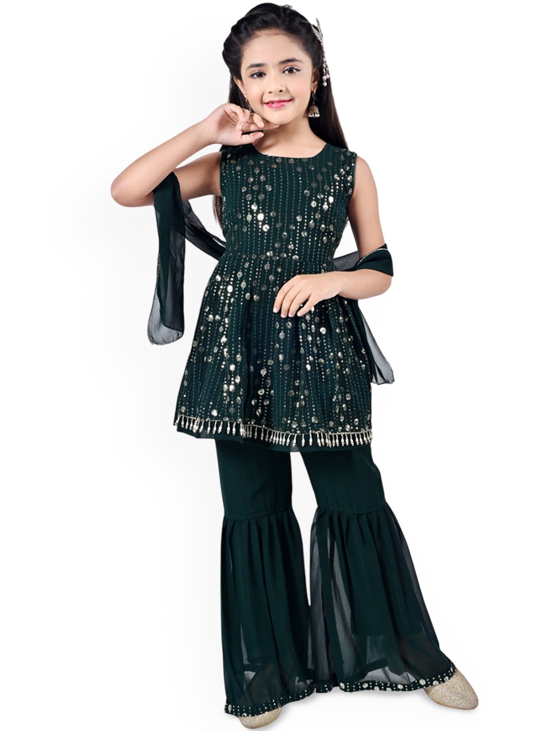 Arshia Fashions Girls Striped Sequinned Georgette Anarkali Kurta With Sharara & Dupatta, Green
Arshia Fashions Girls Striped Sequinned Georgette Anarkali Kurta With Sharara & Dupatta, Green