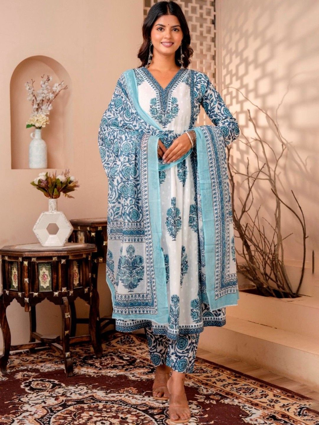 KALINI Women Floral Printed Pleated Pure Cotton Kurta with Trousers & With Dupatta, Blue
KALINI Women Floral Printed Pleated Pure Cotton Kurta with Trousers & With Dupatta, Blue